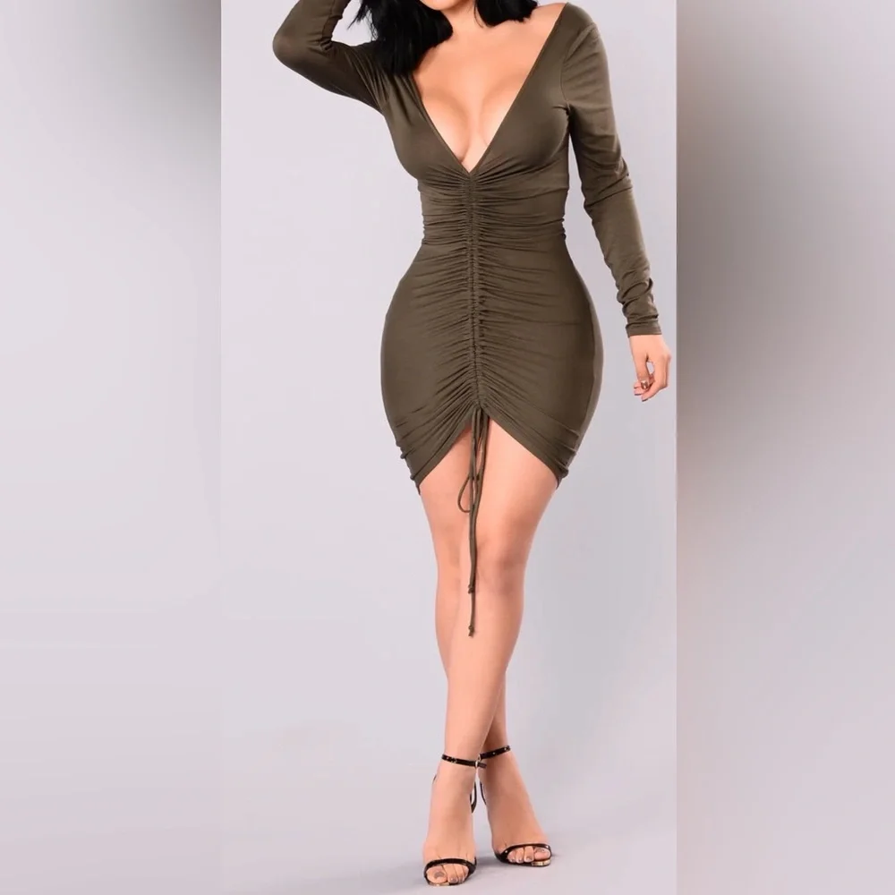 Women’s Olive Ruched Long Sleeve Dress - Picture 2 of 5